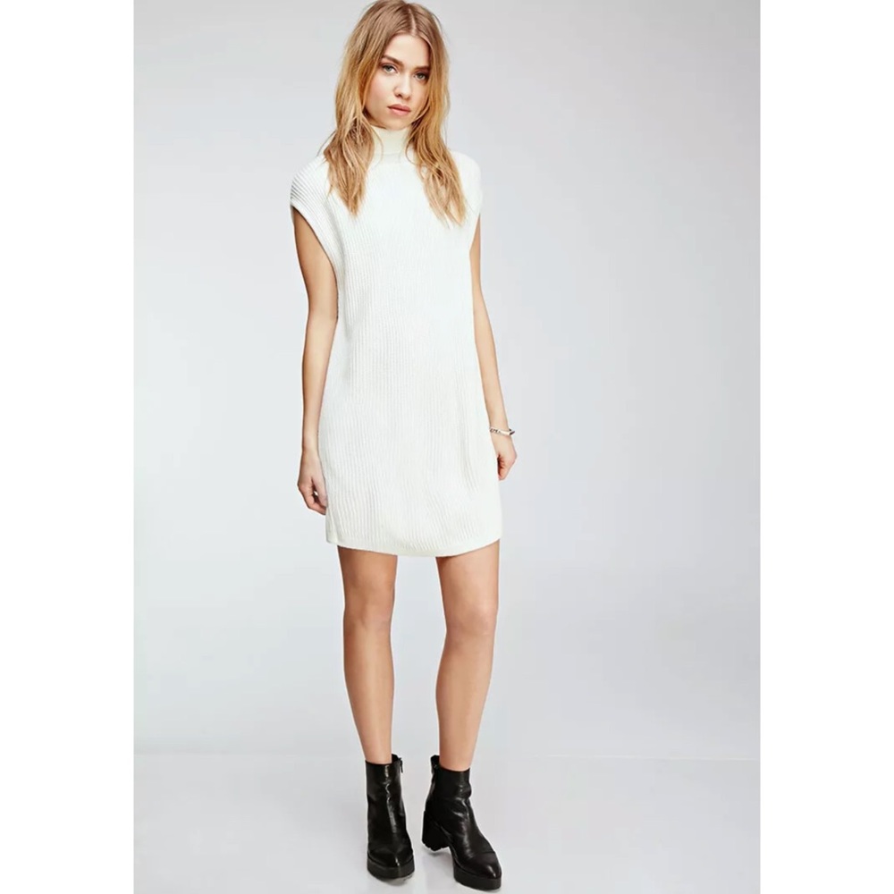 Forever 21 White Ribbed Turtleneck Sweater Dress